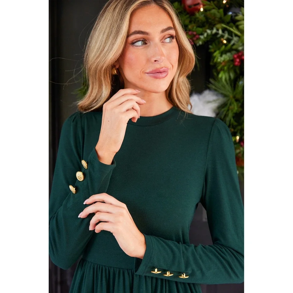 Cupshe Womens Dark Green Long Sleeve Bubble Hem Mini Dress Gold Buttons XL NEW - Picture 3 of 6